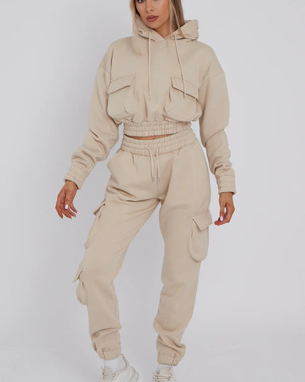 Cargo Pockets Fleece Tracksuit Beige