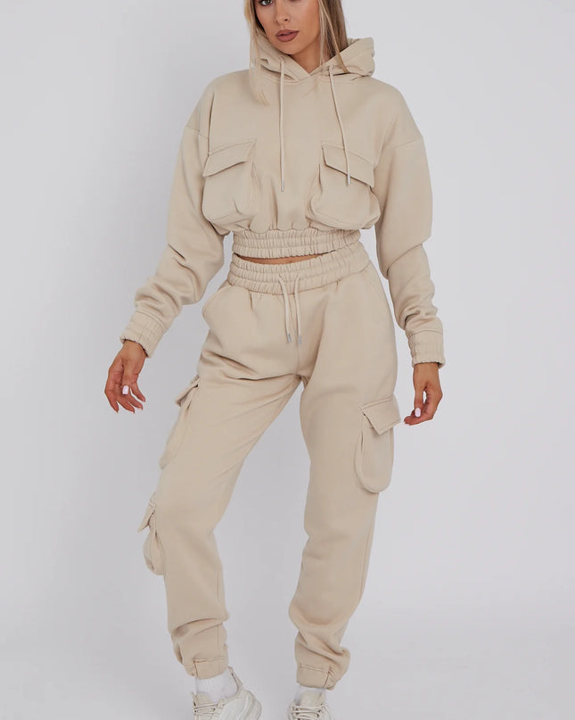 Cargo Pockets Fleece Tracksuit Beige