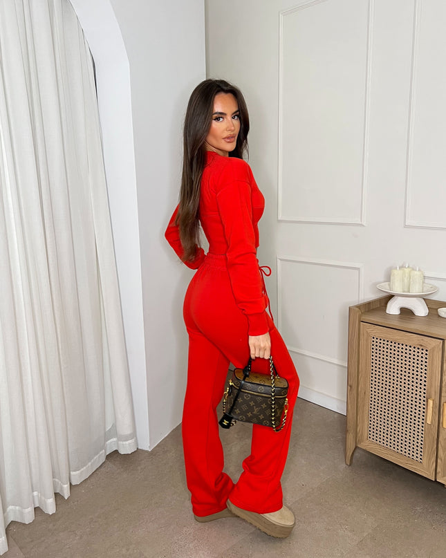 Cropped Zip Up Sweatshirt & Wide Leg Trouser Tracksuit Red