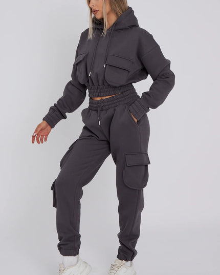 Cargo Pockets Fleece Tracksuit Charcoal Grey