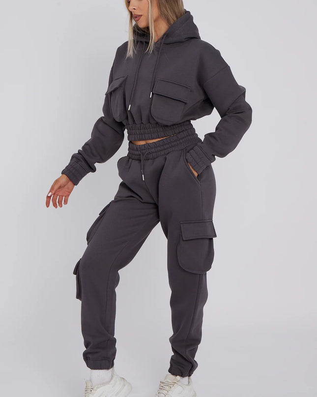 Cargo Pockets Fleece Tracksuit Charcoal Grey