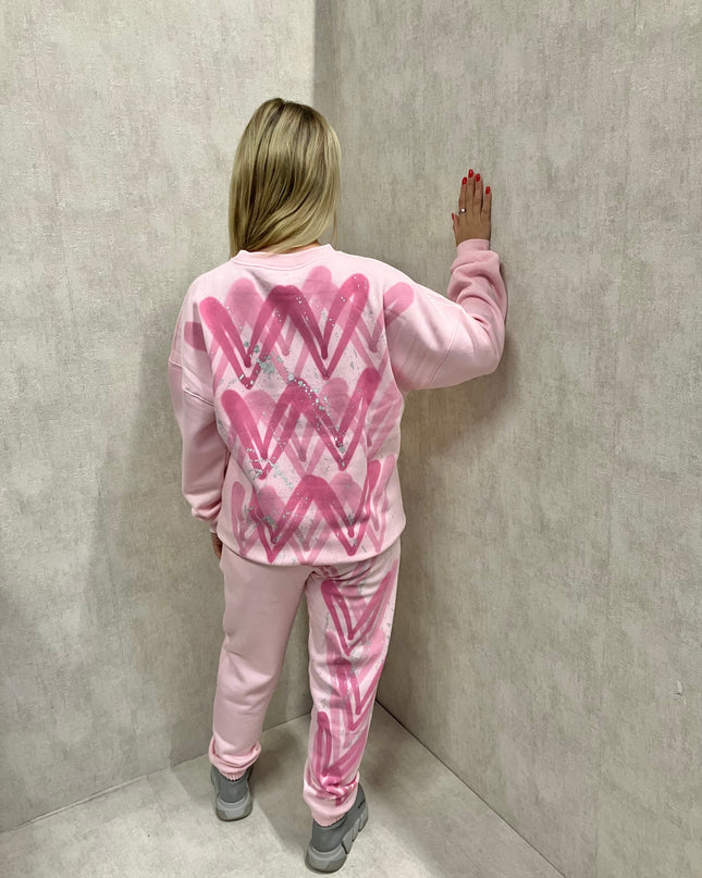 Pink Heart Sprayed Sweatshirt Tracksuit