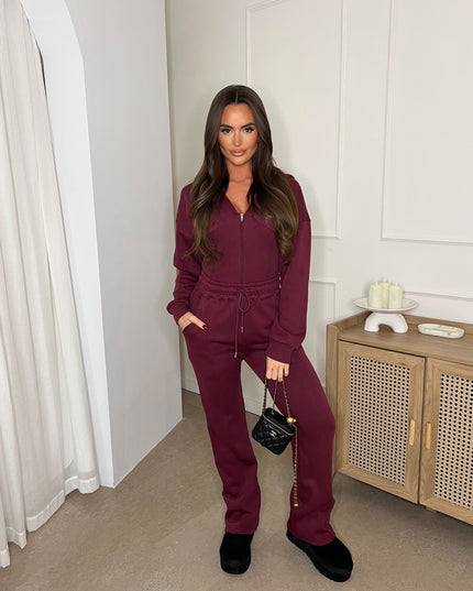 Cropped Zip Up Hood Sweatshirt & Wide Leg Trouser Tracksuit Burgundy