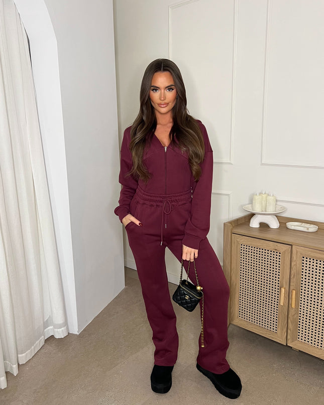 Cropped Zip Up Hood Sweatshirt & Wide Leg Trouser Tracksuit Burgundy