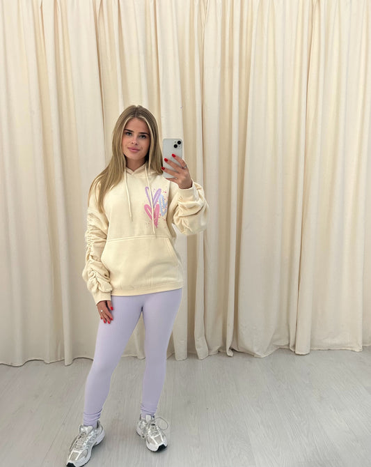 Miss Runway Pastel Heart Graffiti Ruched Hoodie And Legging Set Cream