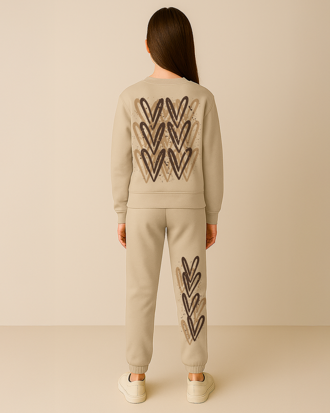 Beige Hearts Printed Sweatshirt Tracksuit Kids