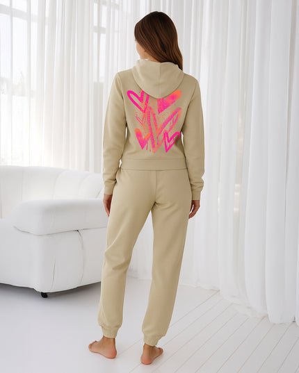 Neon Pink & Orange Scattered Hearts Printed Hooded Tracksuit Adult