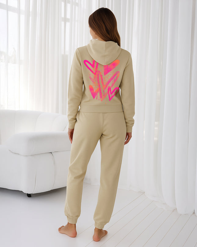 Neon Pink & Orange Scattered Hearts Printed Hooded Tracksuit Adult