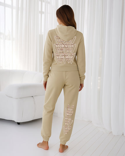 Beige Zig Zag Hearts Printed Hooded Tracksuit Adult