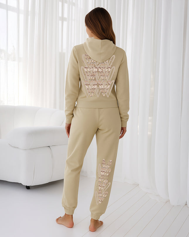 Beige Zig Zag Hearts Printed Hooded Tracksuit Adult