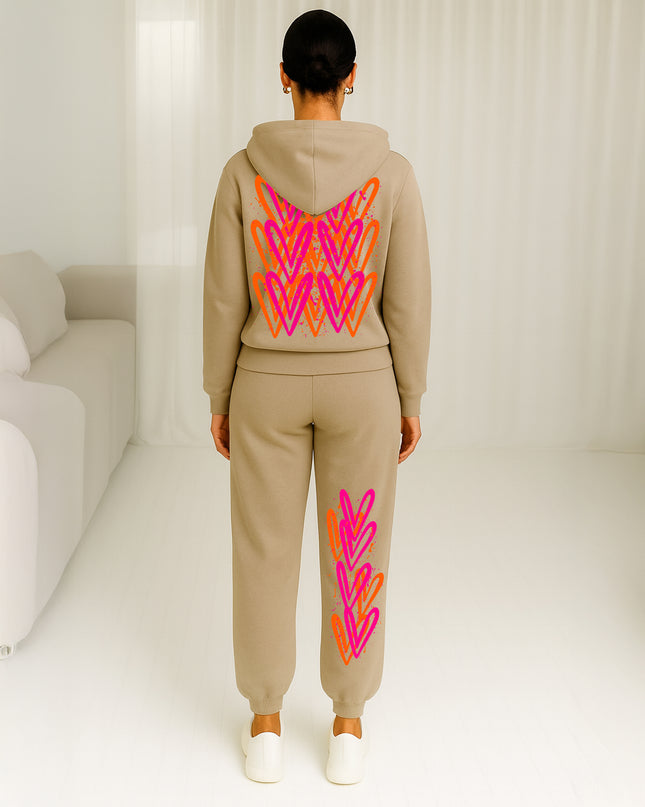 Neon Pink & Orange Hearts Printed Hooded Tracksuit Adult