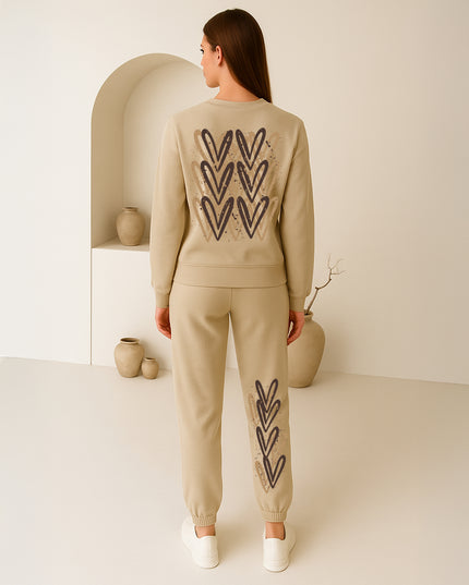 Beige Hearts Printed Sweatshirt Tracksuit Adult