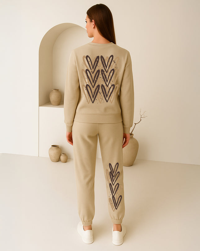 Beige Hearts Printed Sweatshirt Tracksuit Adult
