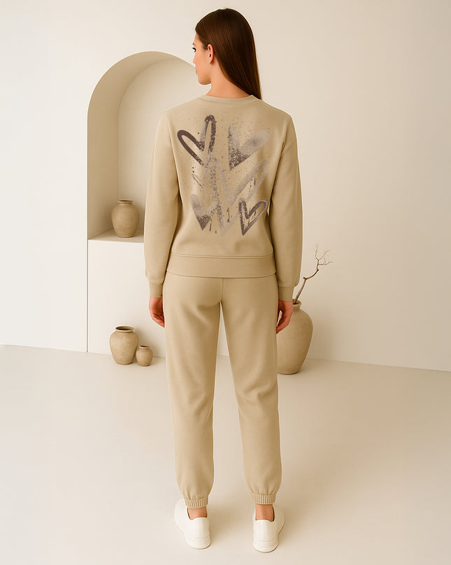 Beige Scattered Hearts Printed Sweatshirt Tracksuit Adult