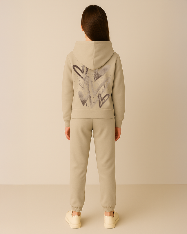 Brown Scattered Hearts Printed Hooded Tracksuit Kids