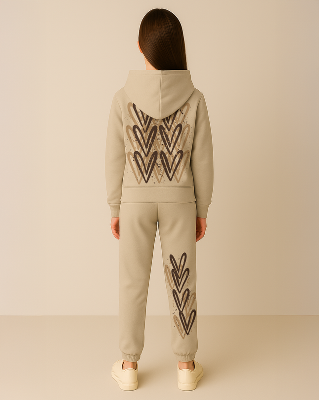 Beige Hearts Printed Hooded Tracksuit Kids
