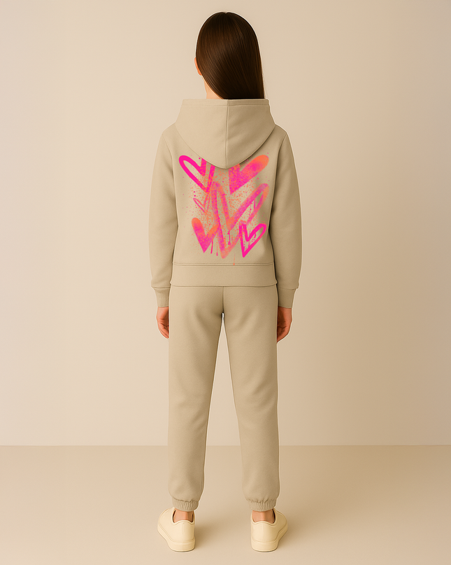 Neon Pink/Orange Scattered Hearts Printed Hooded Tracksuit Kids