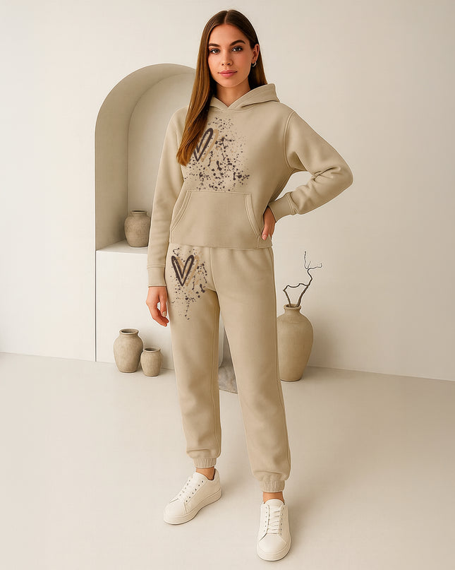 Beige Hearts Printed Hooded Tracksuit Adult