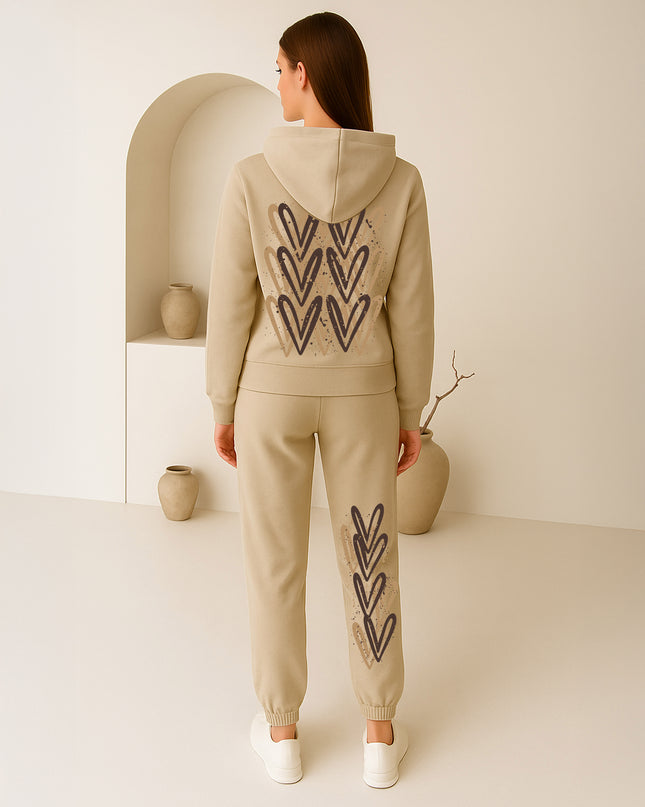Beige Hearts Printed Hooded Tracksuit Adult