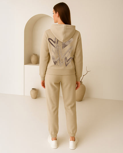 Beige Scattered Hearts Printed Hooded Tracksuit Adult
