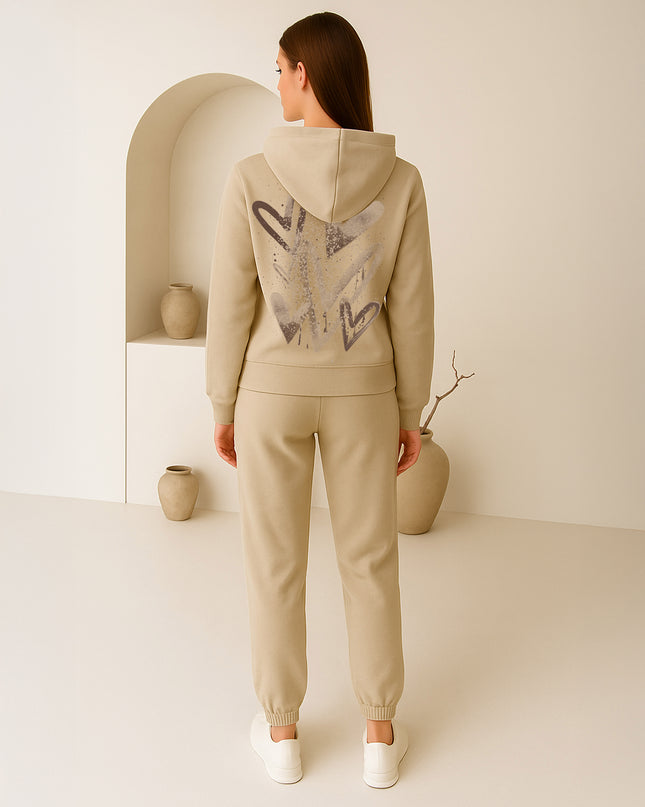 Beige Scattered Hearts Printed Hooded Tracksuit Adult