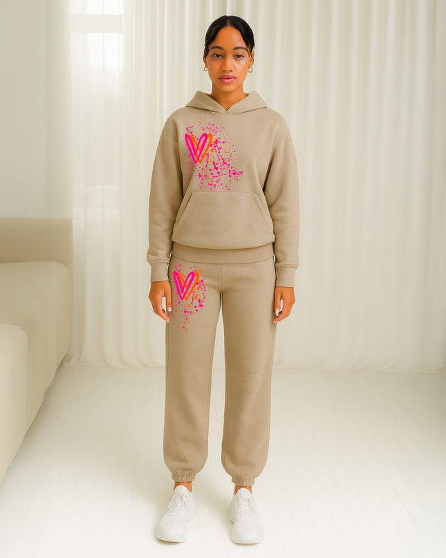 Neon Pink & Orange Hearts Printed Hooded Tracksuit Adult