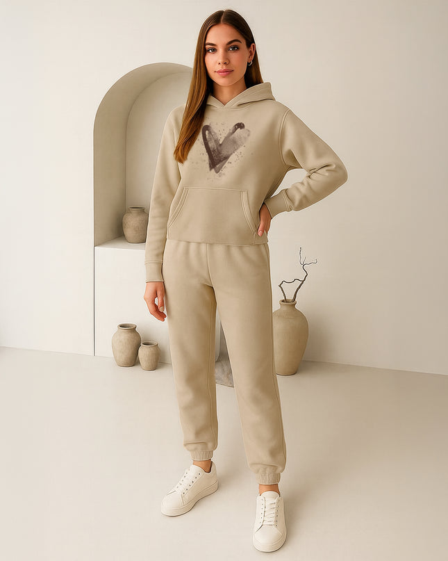 Beige Scattered Hearts Printed Hooded Tracksuit Adult