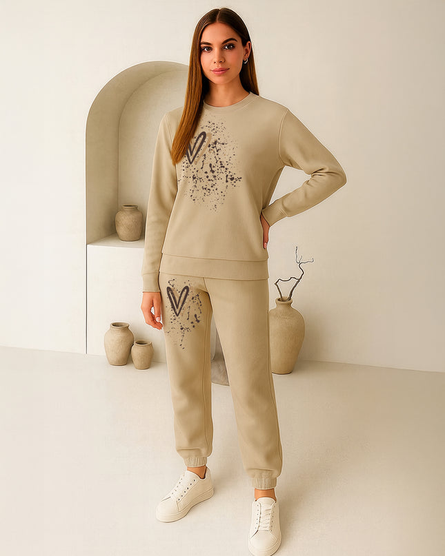 Beige Hearts Printed Sweatshirt Tracksuit Adult