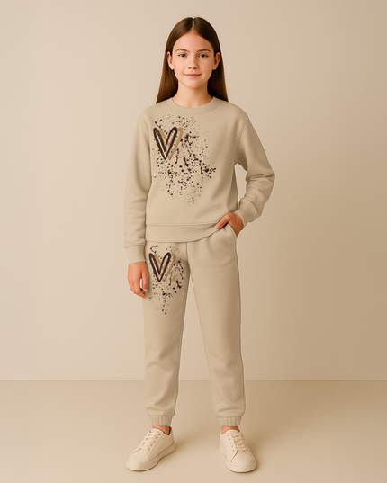 Beige Hearts Printed Sweatshirt Tracksuit Kids