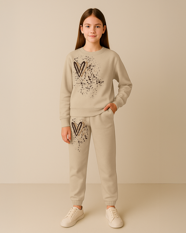 Beige Hearts Printed Sweatshirt Tracksuit Kids