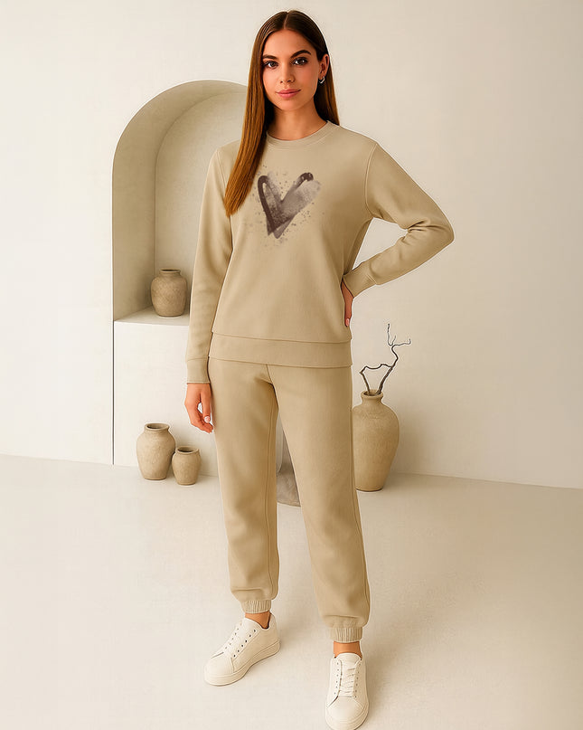 Beige Scattered Hearts Printed Sweatshirt Tracksuit Adult