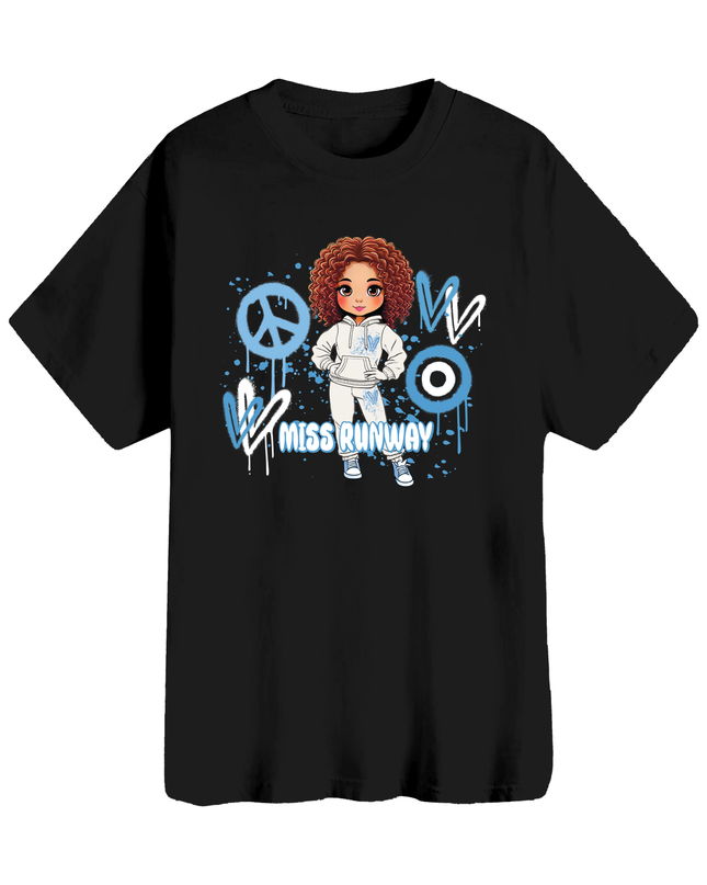 Miss Runway Doll T-Shirt Blue Heart Design