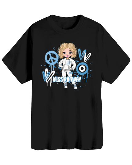 Miss Runway Doll T-Shirt Blue Heart Design