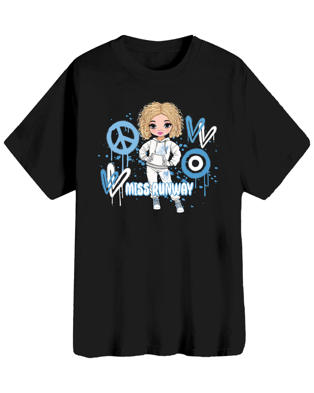 Miss Runway Doll T-Shirt Blue Heart Design