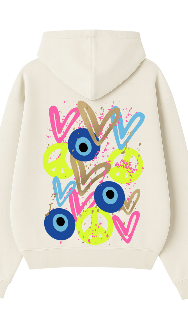 Neon Peace, Evil Eye, Hearts Printed Hoodie – adult printed hoodie by Miss Runway