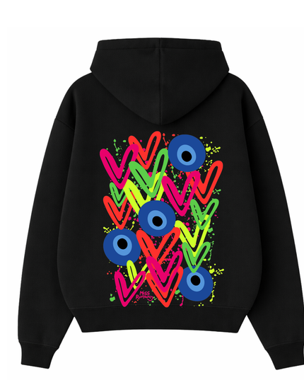 Neon Hearts, Evil Eye Printed Hoodie