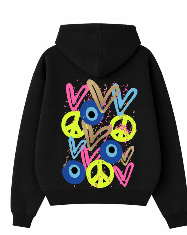 Neon Peace, Evil Eye, Hearts Printed Hoodie Kids