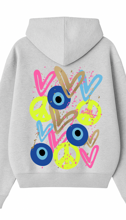 Neon Peace, Evil Eye, Hearts Printed Hoodie – additional view