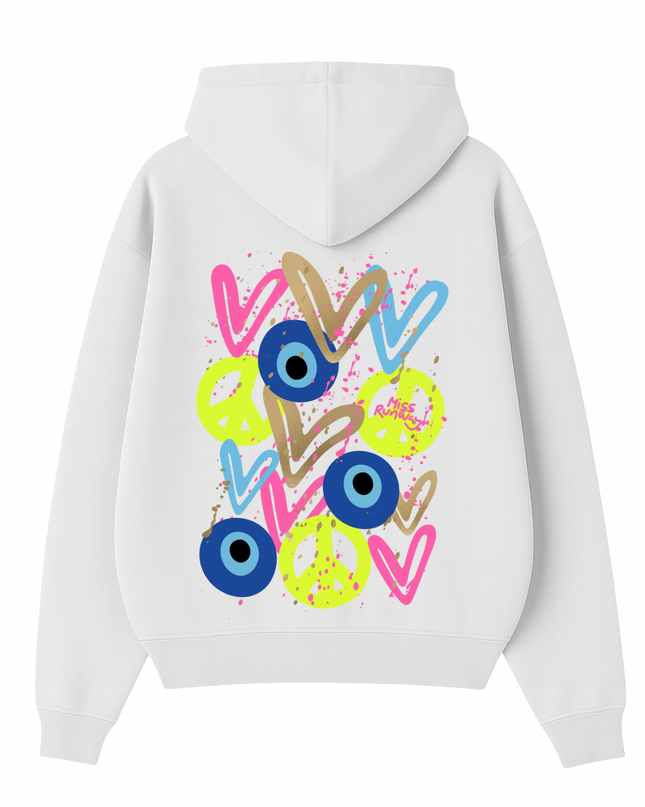 Neon Peace, Evil Eye, Hearts Printed Hoodie Kids
