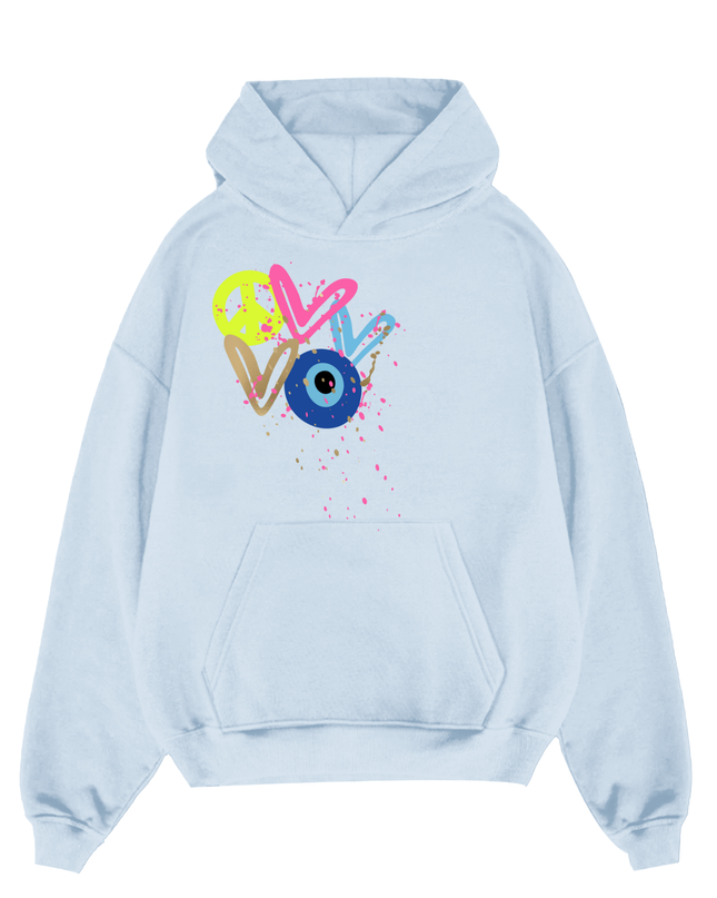 Neon Peace, Evil Eye, Hearts Printed Hoodie Kids