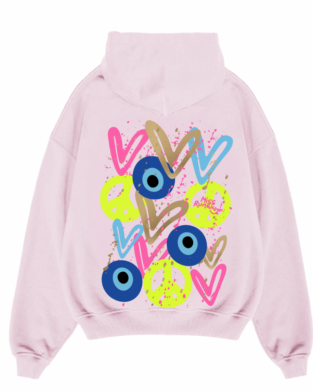Neon Peace, Evil Eye, Hearts Printed Hoodie Kids