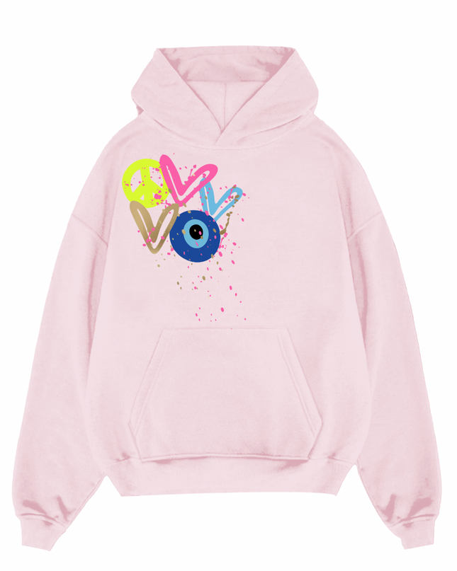Neon Peace, Evil Eye, Hearts Printed Hoodie Kids