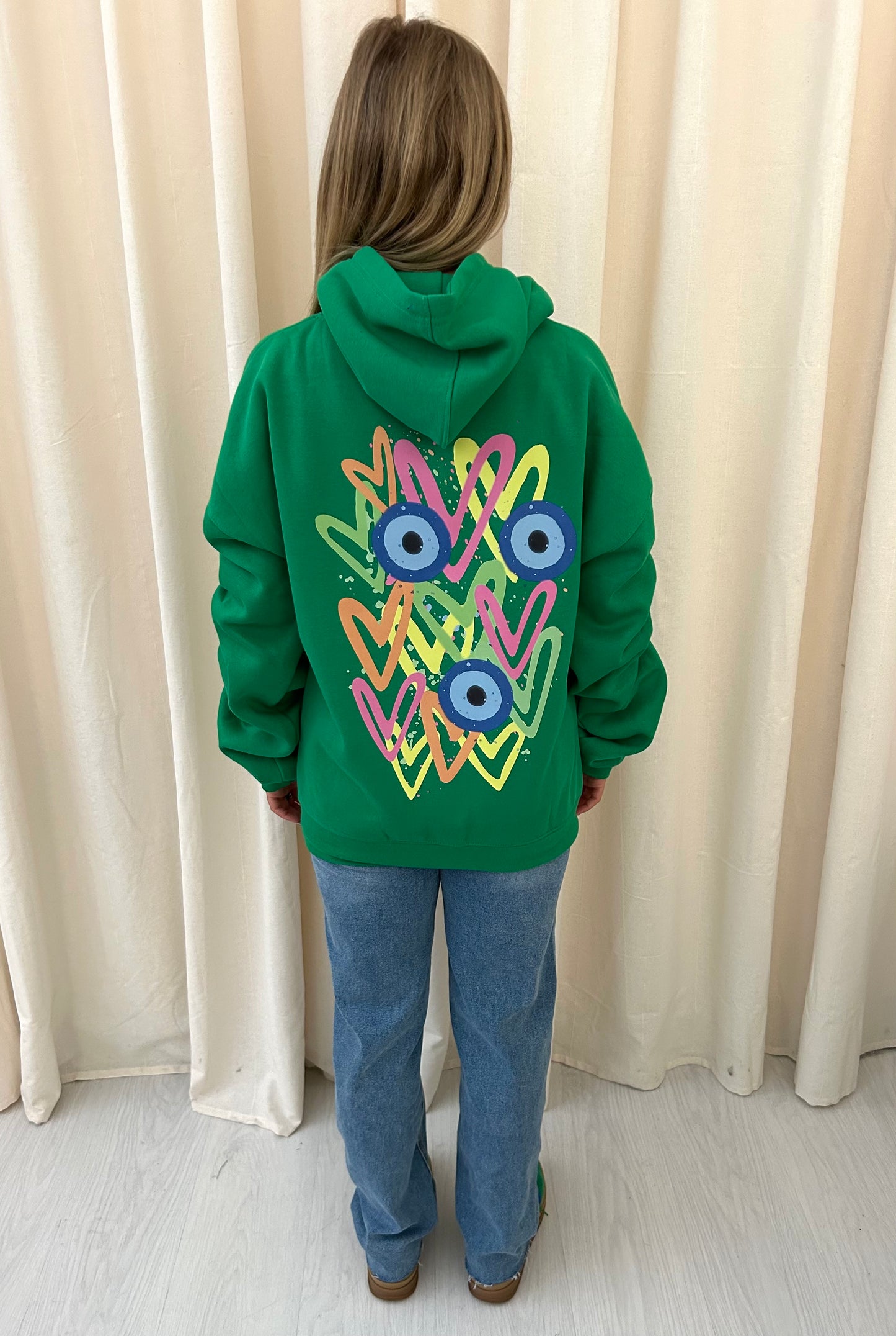 Neon Heart Evil Eye Graffiti Ruched Hoodie Green