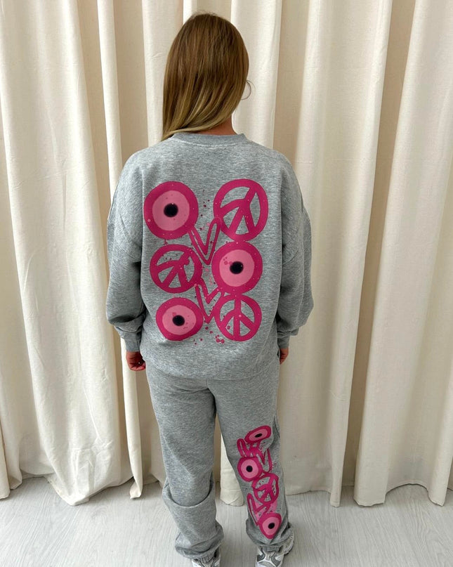 Pink Evil Eye, Peace, Heart Graffiti Sweatshirt Tracksuit Grey