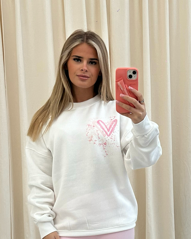 Pink Heart Graffiti Sweatshirt White