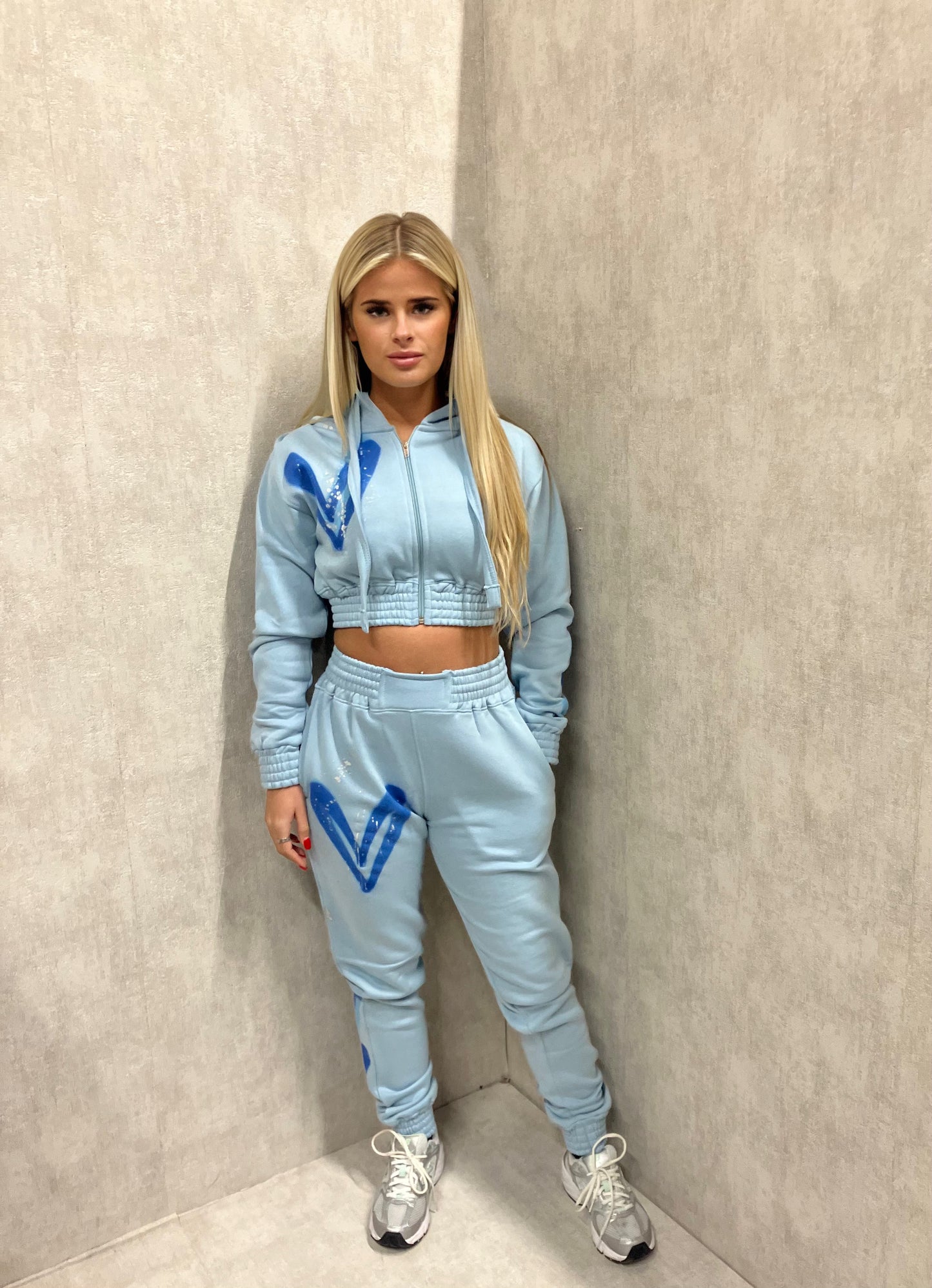 Blue Heart Cropped Zip Hooded Tracksuit