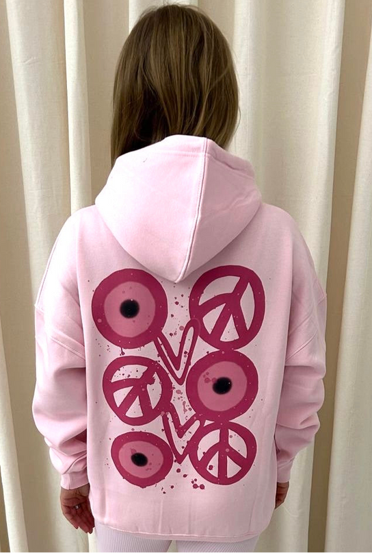 Pink Evil Eye, Peace, Heart Printed Hoodie Adults