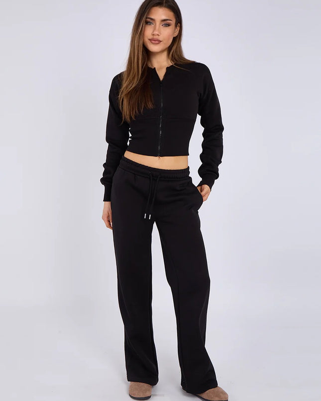 Cropped Zip Up Sweatshirt & Wide Leg Trouser Tracksuit Black