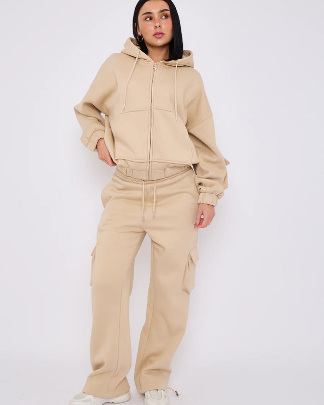 Cargo Style Zip Hooded Tracksuit Beige