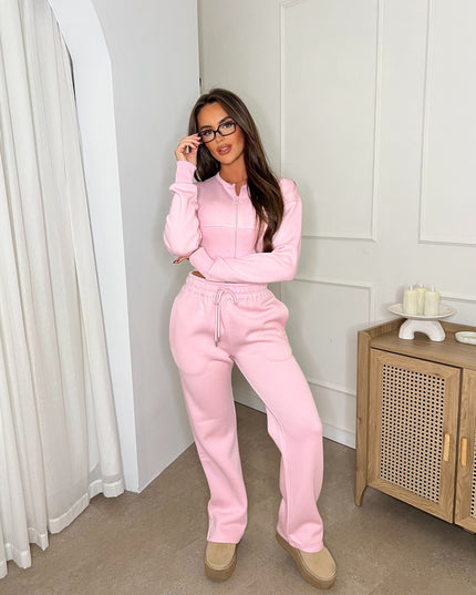 Cropped Zip Up Sweatshirt & Wide Leg Trouser Tracksuit Pink